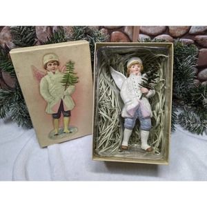 Retired Costco Porcelain Victorian Boy Angel Wings & Tree Christmas Ornament